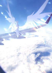 Rule 34 | 1boy, above clouds, absurdres, airplane wing, blue sky, blue theme, byuey, cloud, cloudy sky, commentary, facing away, formal, from behind, highres, male focus, original, outdoors, pants, sitting, sky, solo, suit, tailcoat, white hair, white pants, white suit, white tailcoat, white theme, wings, wislan (byuey)
