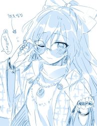 Rule 34 | 1girl, 6 (yuchae), arrow (symbol), bangle, blue theme, bow, bracelet, cosplay, flying sweatdrops, hair bow, hand up, jacket, jewelry, korean commentary, korean text, long hair, looking at viewer, monochrome, necklace, one eye closed, ring, simple background, solo, sunglasses, touhou, upper body, white background, wide sleeves, yorigami jo&#039;on, yorigami jo&#039;on (cosplay), yorigami shion