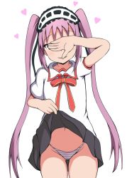 Rule 34 | 1girl, absurdres, arm up, black skirt, blush, bow, clothes lift, commentary request, cowboy shot, fate/hollow ataraxia, fate (series), gluteal fold, groin, head tilt, heart, highres, homurahara academy school uniform, lifted by self, long hair, looking at viewer, mitchi, navel, panties, parted lips, pink hair, pleated skirt, puffy short sleeves, puffy sleeves, purple hair, red bow, school uniform, shirt, short sleeves, sidelocks, simple background, skirt, skirt lift, smile, solo, standing, stheno (fate), striped clothes, striped panties, twintails, underwear, very long hair, white background, white shirt