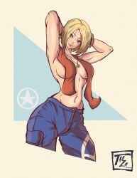 Rule 34 | 1girl, absurdres, armpits, arms behind head, arms up, artist name, blonde hair, blue eyes, blue mary, breasts, convenient censoring, curvy, denim, fatal fury, highres, jeans, large breasts, legs, navel, pants, smile, snk, solo, the king of fighters, thick thighs, thighs, toned, topless, towel, towel around neck, wet