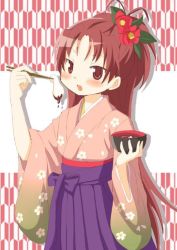 Rule 34 | 10s, 1girl, bad id, bad twitter id, bowl, camellia, chopsticks, dripping, floral print, flower, food, hair flower, hair ornament, hakama, hakama skirt, japanese clothes, kimono, long hair, mahou shoujo madoka magica, mahou shoujo madoka magica (anime), mochi, new year, obi, ponytail, red eyes, red hair, sakura kyoko, sash, shiruko (food), skirt, solo, tsubaki (tatajd), wagashi