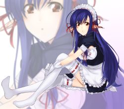 Rule 34 | 00s, 1000000000, 1girl, :o, bad id, bad pixiv id, blue hair, blush, gloves, long hair, looking at viewer, navel, nerine, no shoes, open mouth, pointy ears, red eyes, shuffle!, sitting, solo, thighhighs, white gloves, white thighhighs, zoom layer