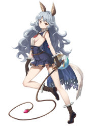 Rule 34 | 1girl, animal ears, arched back, ass, ball, blue hair, boots, breasts, brown eyes, brown gloves, rabbit ears, capelet, erune, ferry (granblue fantasy), full body, gloves, granblue fantasy, halterneck, heijialan, long hair, looking at viewer, medium breasts, miniskirt, sideboob, simple background, solo, waist skirt, walking, wavy hair, unfinished
