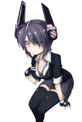 Rule 34 | 10s, 1girl, black thighhighs, breasts, cleavage, eyepatch, female focus, fingerless gloves, gloves, headgear, ichidai taisa, kantai collection, large breasts, looking at viewer, necktie, partially fingerless gloves, purple hair, school uniform, short hair, simple background, solo, tenryuu (kancolle), thighhighs, white background, yellow eyes