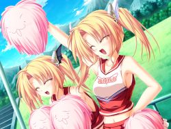 Rule 34 | 2girls, arm up, blonde hair, breasts, cheerleader, closed eyes, game cg, hair ornament, hairclip, hand on own hip, magus tale, midriff, multiple girls, nina geminis, non-web source, pom pom (cheerleading), rena geminis, siblings, sideboob, sisters, small breasts, tenmaso, twins, twintails