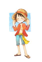 Rule 34 | 1boy, ^ ^, black hair, blue shorts, closed eyes, commentary request, full body, hands on headwear, hat, highres, male focus, monkey d. luffy, nekochanko1, one piece, open clothes, open shirt, red shirt, sandals, sash, scar, scar on chest, scar on face, shirt, short hair, shorts, solo, straw hat, yellow sash