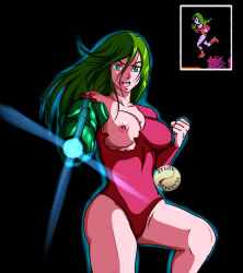 Rule 34 | 1girl, arm cannon, blue eyes, breasts, breasts out, glowing, green hair, hair between eyes, highres, justin bailey, large breasts, legs, leotard, long hair, looking at viewer, metroid, metroid (classic), nintendo, nipples, open mouth, pixel art, samus aran, serious, shiny skin, torn clothes, wardrobe malfunction, weapon