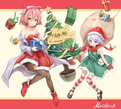 Rule 34 | 2girls, absurdres, bag, bare shoulders, boots, braid, christmas, christmas outfit, christmas present, christmas tree, commission, dress, gift, green dress, handbag, hat, highres, lab coat, looking at viewer, mittens, mr1thonk, multiple girls, open mouth, pantyhose, pink hair, purple eyes, red dress, santa hat, scarf, shoes, short hair, signature, sleeveless, sleeveless dress, smile, star ocean, star ocean anamnesis, strapless, strapless dress, striped clothes, striped thighhighs, thick thighs, thighhighs, thighs, tika blunche, verda kleiman, white hair, yellow eyes
