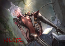 Rule 34 | 1girl, animal ears, bodysuit, boots, breasts, cat ears, claws, clothing cutout, collar, cuts, eyes visible through hair, gloves, hair between eyes, high heel boots, high heels, humanization, injury, looking at viewer, navel, open mouth, phytoster, short hair, sitting, slit pupils, smile, solo, sparks, spikes, stomach cutout, torn clothes, valkyr (warframe), valkyr prime (warframe), warframe, white hair, yellow eyes