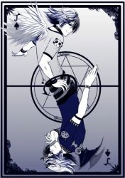 Rule 34 | 2boys, card, cat, gradient background, horns, jack (playing card), jack of spades, male focus, monochrome, multiple boys, panda, spade, tail, wings