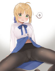 Rule 34 | 1girl, ahoge, aizawa85, anger vein, artoria pendragon (all), artoria pendragon (fate), black pantyhose, blonde hair, blue bow, blue skirt, blush, bow, bow panties, braid, breasts, clothes lift, collared shirt, commentary request, dress shirt, fate/stay night, fate (series), feet out of frame, gluteal fold, gradient background, green eyes, grey background, hair bow, highres, hook, medium breasts, panties, panties under pantyhose, pantyhose, parted lips, saber (fate), shirt, sidelocks, skirt, skirt lift, solo, spoken anger vein, spread legs, sweat, underwear, white background, white shirt