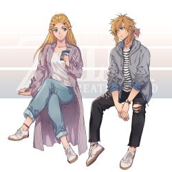 Rule 34 | 1boy, 1girl, alternate costume, blonde hair, blue eyes, blue ribbon, braid, cellphone, closed mouth, collarbone, collared shirt, commentary, contemporary, denim, ed (chibied), english text, green eyes, hair ornament, hair ribbon, hairclip, highres, holding, holding phone, hood, hood down, jeans, link, long hair, long sleeves, looking at another, nintendo, pants, parted bangs, phone, pointy ears, ponytail, princess zelda, ribbon, shirt, shoelaces, shoes, sidelocks, simple background, sitting, smile, sneakers, the legend of zelda, torn clothes, torn pants, watch, white footwear