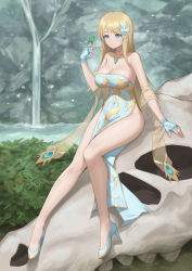 Rule 34 | 1girl, absurdres, bare hips, bare legs, bare shoulders, bird, bird on hand, blonde hair, blue eyes, blush, bone, breasts, china dress, chinese clothes, cleavage, collarbone, covered navel, dinosaur, dress, fingerless gloves, gloves, high heels, highres, large breasts, long hair, miso (b7669726), original, outdoors, single sidelock, sitting, snowing, strapless, strapless dress, swept bangs, tube dress, very long hair