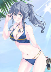 Rule 34 | 1girl, alternate costume, alternate hairstyle, bikini, blue bikini, blue hair, blue sky, breasts, cloud, collarbone, cowboy shot, day, gotland (kancolle), jewelry, kantai collection, leaning forward, light rays, long hair, looking at viewer, medium breasts, mikage takashi, mole, mole under eye, necklace, outdoors, palm tree, shoes, unworn shoes, sky, solo, standing, sunbeam, sunlight, swimsuit, tree, twitter username