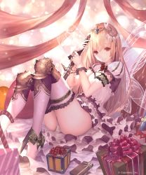 Rule 34 | 10s, 1girl, aria (shingeki no bahamut), blonde hair, dress, fairy wings, frilled dress, frilled thighhighs, frills, gift, hair between eyes, highres, holding, holding sword, holding weapon, layered dress, leg armor, long hair, looking at viewer, parted lips, pointy ears, puffy short sleeves, puffy sleeves, red eyes, shadowverse, sheath, sheathed, shingeki no bahamut, short sleeves, smile, solo, sword, tachikawa mushimaro, thighhighs, thighs, tiara, watermark, weapon, white dress, white thighhighs, wings