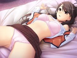 Rule 34 | 1girl, bed, bed sheet, bra, brown hair, clothes lift, game cg, ino (magloid), long hair, lying, on back, open clothes, open mouth, panties, pillow, pink bra, pink panties, red eyes, shirt lift, skirt, solo, spot light, spread legs, thighs, tongue, underwear, upskirt