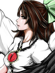 Rule 34 | 1girl, bird wings, blouse, bow, breasts, brown eyes, brown hair, cape, hair bow, kazu (rakugakino-to), lips, long hair, looking at viewer, nose, parted lips, ponytail, profile, reiuji utsuho, shirt, sideways glance, simple background, solo, third eye, touhou, white background, wings