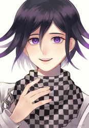 Rule 34 | 1boy, :d, black hair, black scarf, checkered clothes, checkered scarf, danganronpa (series), danganronpa v3: killing harmony, grey background, grey jacket, grey scarf, hair between eyes, hand up, highres, jacket, looking at viewer, male focus, miviy19, multicolored hair, open mouth, oma kokichi, portrait, purple eyes, purple hair, scarf, simple background, smile, solo, teeth, twitter username, two-tone hair, upper teeth only