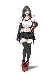 Rule 34 | 1girl, absurdres, bare shoulders, black gloves, black hair, black skirt, black thighhighs, boots, breasts, crop top, earrings, elbow gloves, final fantasy, final fantasy vii, final fantasy vii rebirth, final fantasy vii remake, fingerless gloves, full body, gloves, hand on own hip, highres, jewelry, lakugali shiki, large breasts, long hair, looking at viewer, materia, midriff, navel, open mouth, red eyes, red footwear, single arm guard, single earring, skirt, solo, standing, suspender skirt, suspenders, swept bangs, tank top, thighhighs, tifa lockhart, white background, white tank top, zettai ryouiki