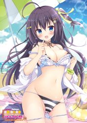 Rule 34 | 1girl, :d, ahoge, areola slip, bare shoulders, beach, beach umbrella, bikini, black hair, blue bra, blue eyes, bra, breasts, cameltoe, choker, cleavage, cowboy shot, day, frilled bra, frills, groin, hair ornament, hair ribbon, hairclip, hand up, highres, index finger raised, jacket, long hair, looking at viewer, medium breasts, melonbooks, navel, off shoulder, one side up, open clothes, open jacket, open mouth, outdoors, panties, panty pull, picpicgram, ribbon, side-tie bikini bottom, smile, solo, standing, stomach, strap slip, string bikini, string panties, striped bikini, striped clothes, sunlight, swimsuit, thighs, umbrella, underwear, very long hair, white jacket