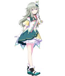 Rule 34 | 1girl, elbow gloves, full body, fur-trimmed footwear, fur trim, gloves, green footwear, green hair, hair ornament, highres, kusanagi nene, layered skirt, long hair, looking at viewer, low-tied sidelocks, non-web source, official art, project sekai, purple eyes, short sleeves, skirt, smile, solo, tachi-e, transparent background, white gloves, white skirt