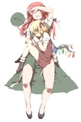 Rule 34 | 2girls, arm up, blonde hair, blush, braid, breast pillow, covering privates, covering face, covering own eyes, drooling, embodiment of scarlet devil, female focus, fetal position, flandre scarlet, from above, hat, unworn hat, unworn headwear, highres, hong meiling, lying, lying on person, multiple girls, no headwear, on back, red hair, saliva, sleeping, sweat, tokyo (great akuta), touhou, twin braids, wings