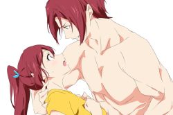 Rule 34 | 1boy, 1girl, brother and sister, collarbone, commentary request, eye contact, free!, long hair, looking at another, matsuoka gou, matsuoka rin, open mouth, ponytail, red eyes, red hair, short hair, siblings, smile, umanosuke, white background