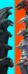 Rule 34 | absurdres, amanatto, blue background, blue eyes, colored sclera, compound eyes, crossover, cyborg, dinosaur, glowing, glowing eye, glowing eyes, godzilla, godzilla: city on the edge of battle, godzilla: planet of the monsters, godzilla (series), godzilla against mechagodzilla, godzilla earth, godzilla vs. kong, godzilla vs. mechagodzilla (1974), godzilla vs. mechagodzilla (1993), highres, kaijuu, king kong (series), kiryu (godzilla), legendary pictures, mecha, mechagodzilla, molten metal, monster, monsterverse, multiple persona, no humans, no pupils, open mouth, red background, red eyes, roaring, robot, sharp teeth, simple background, spikes, super robot, teeth, toho, tokusatsu, tongue, two-tone background, yellow eyes, yellow sclera, yellow teeth