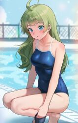 Rule 34 | 1girl, :o, ahoge, bare legs, barefoot, blue one-piece swimsuit, blush, breasts, c (theta), chain-link fence, collarbone, covered navel, fence, green eyes, green hair, hat, highres, holding, holding clothes, holding hat, idolmaster, idolmaster million live!, looking ahead, medium breasts, one-piece swimsuit, pool, poolside, school swimsuit, shimabara elena, solo, squatting, swim cap, swimsuit, tiptoes