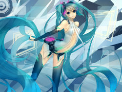 Rule 34 | 1girl, aqua eyes, aqua hair, arched back, bad id, bad pixiv id, bridal gauntlets, center opening, hatsune miku, hatsune miku (append), highres, holographic monitor, long hair, mins (minevi), navel, necktie, solo, thighhighs, twintails, very long hair, vocaloid, vocaloid append