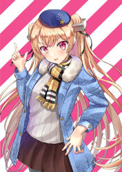 Rule 34 | 1girl, beret, blue coat, blue hat, blush, brown eyes, brown skirt, coat, cowboy shot, diagonal stripes, fringe trim, fur-trimmed coat, fur trim, grey sweater, hair between eyes, hat, johnston (kancolle), kantai collection, light brown hair, long hair, long sleeves, mayura (lucadia), official alternate costume, open clothes, open coat, open mouth, pantyhose, plaid, plaid scarf, pleated skirt, scarf, skirt, smile, solo, striped, striped background, sweater, two side up, yellow scarf