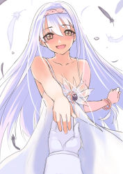 Rule 34 | 10s, 1girl, bare shoulders, blush, bracelet, breasts, brown eyes, cleavage, feathers, gloves, hairband, holding hands, jewelry, kantai collection, long hair, looking at viewer, open mouth, sensen, shoukaku (kancolle), simple background, smile, solo focus, tears, white hair
