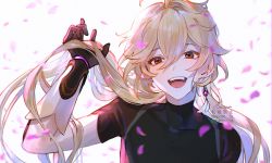 Rule 34 | 1boy, aether (genshin impact), androgynous, bishounen, black shirt, blonde hair, blush, earrings, genshin impact, gloves, jewelry, long hair, looking at viewer, male focus, pale skin, playing with own hair, rowya, shirt, smile, solo, yellow eyes