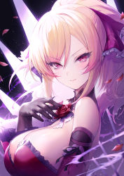 Rule 34 | 1girl, bare shoulders, blonde hair, blush, bow, breasts, dress, elbow gloves, flower, frills, gloves, hair between eyes, haoni, highres, large breasts, little witch nobeta, long hair, looking at viewer, multicolored hair, petals, pink hair, ponytail, red eyes, ribbon, sidelocks, solo, strapless, strapless dress, vanessa (little witch nobeta)