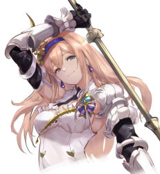 Rule 34 | 1girl, arm up, armor, black eyes, blonde hair, breasts, cropped torso, dress, earrings, elbow gloves, enyo (granblue fantasy), gloves, granblue fantasy, hairband, head tilt, highres, holding, holding polearm, holding weapon, jewelry, long hair, looking at viewer, medium breasts, nos, polearm, shoulder armor, simple background, sleeveless, sleeveless dress, smile, solo, upper body, vambraces, weapon, white background, white dress