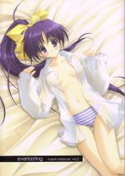 Rule 34 | 00s, 1girl, bed, blue panties, blush, bottomless, bow, dress shirt, hair bow, ikegami akane, itou noemi, long hair, lying, no bra, no pants, on back, open clothes, open shirt, panties, ponytail, purple eyes, purple hair, shirt, solo, striped clothes, striped panties, thigh gap, thighs, underwear, very long hair, with you, yellow bow