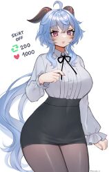 Rule 34 | 1girl, absurdres, ahoge, alternate costume, black ribbon, black skirt, blue hair, breasts, commentary request, cowboy shot, ganyu (genshin impact), genshin impact, grey pantyhose, hair between eyes, highres, horns, large breasts, long hair, long sleeves, looking at viewer, miniskirt, neck ribbon, nemuaki, pantyhose, parted lips, pencil skirt, purple eyes, ribbon, shirt, simple background, skirt, solo, standing, thick thighs, thighs, very long hair, white background, white shirt