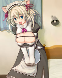 Rule 34 | 1girl, :d, animal ears, bed, bedroom, blonde hair, blush, breasts, cat ears, cat girl, cleavage, dress, elbow gloves, female focus, fuyu, gloves, green eyes, huge breasts, indoors, looking at viewer, maid, maid headdress, open clothes, open dress, open mouth, original, paw print, smile, solo, standing