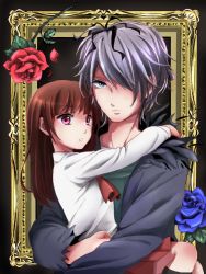 Rule 34 | 1boy, 1girl, age difference, arms around neck, blue eyes, blue flower, blue rose, brown hair, carrying, flower, framed, garry (ib), hair over one eye, ib (ib), ib (kouri), picture frame, purple hair, red eyes, red flower, red rose, rose, tegaki