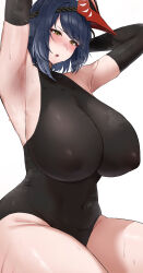 Rule 34 | 1girl, absurdres, armpits, arms behind head, arms up, bare shoulders, bird mask, black hair, black leotard, blush, breasts, covered erect nipples, covered navel, elbow gloves, genshin impact, gloves, highleg, highleg leotard, highres, huge breasts, kujou sara, leotard, mask, mask on head, nunu (pixiv69145027), open mouth, short hair, solo, swept bangs, thighs, yellow eyes