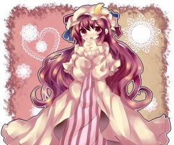 Rule 34 | 1girl, bad id, bad pixiv id, blush, crescent, doily, female focus, own hands clasped, hat, heart, long hair, no nose, open mouth, own hands together, patchouli knowledge, purple eyes, purple hair, robe, solo, touhou, uranaishi (miraura)