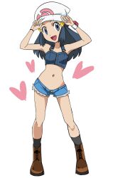 Rule 34 | 1girl, :d, alternate costume, beanie, black hair, blue shorts, boots, bracelet, brown footwear, buttons, commentary request, creatures (company), dawn (pokemon), eyelashes, full body, game freak, grey eyes, grey shirt, hainchu, hair ornament, hairclip, hands on headwear, hands up, hat, heart, highres, jewelry, knees, long hair, looking at viewer, nintendo, open mouth, pokemon, pokemon (anime), pokemon dppt (anime), poketch, shirt, short shorts, shorts, sidelocks, simple background, sleeveless, sleeveless shirt, smile, socks, solo, standing, tongue, watch, white background, white hat, wristwatch