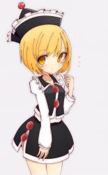Rule 34 | 1girl, blonde hair, blush, cowboy shot, crescent, grey background, hat, highres, inon, juliet sleeves, long sleeves, looking at viewer, lunasa prismriver, notice lines, puffy sleeves, short hair, simple background, skirt, skirt set, solo, touhou, yellow eyes