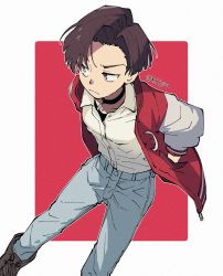 Rule 34 | 1girl, black hair, boots, choker, closed mouth, collared shirt, denim, female focus, hands in pockets, harukawa fuki, highres, jacket, jeans, jewelry, kazuto kohjima, leaning forward, lycoris recoil, open clothes, open jacket, outline, pants, parted hair, pendant, purple eyes, red jacket, shirt, shirt tucked in, short hair, solo, tomboy, twitter username, white outline, white shirt