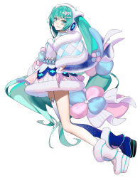 Rule 34 | 1girl, ankle boots, aqua eyes, aqua hair, argyle, arms at sides, bad id, bad pixiv id, blue shawl, blue thighhighs, blunt bangs, boots, breasts, collared dress, dress, floral print, frills, full body, fur-trimmed boots, fur-trimmed dress, fur-trimmed gloves, fur-trimmed shawl, fur trim, gloves, hair ornament, hairclip, hatsune miku, headset, highres, legs together, long hair, looking at viewer, magical mirai (vocaloid), magical mirai miku, magical mirai miku (2020 winter), pastel colors, pink gloves, platform boots, platform footwear, rsk (tbhono), shawl, short dress, sideboob, sidelocks, simple background, single bare leg, single thighhigh, small breasts, smile, solo, star (symbol), star print, thighhighs, tsurime, twintails, very long hair, vocaloid, white background, white dress
