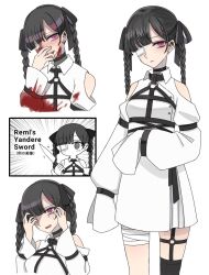 Rule 34 | bandaged leg, bandages, belt, black belt, black ribbon, black thighhighs, blood, blood on clothes, blood on face, blunt bangs, braid, character sheet, chest harness, closed mouth, clothing cutout, collared dress, commentary request, cyril m45, denonbu, dress, earrings, eyepatch, hair ornament, hair ribbon, hand on own face, hands on own face, harness, highres, holding, holding knife, jewelry, knife, medical eyepatch, multiple views, o-ring, o-ring thigh strap, original, reml, ribbon, shoulder cutout, sleeves past fingers, sleeves past wrists, sparkle, straitjacket, sweatdrop, thigh strap, thighhighs, twin braids, white dress, x hair ornament, yandere