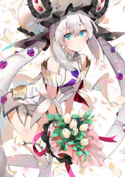 Rule 34 | 1girl, bare shoulders, blue eyes, blush, bouquet, breasts, closed mouth, commentary request, detached sleeves, dress, fate/grand order, fate (series), flower, hair between eyes, hat, head tilt, holding, holding bouquet, ice (ice aptx), leaning forward, leg up, long hair, looking at viewer, marie antoinette (fate), marie antoinette (third ascension) (fate), petals, sidelocks, simple background, sleeveless, sleeveless dress, small breasts, smile, solo, standing, standing on one leg, thighhighs, twintails, very long hair, white background, white dress, white flower, white hair, white hat, white thighhighs