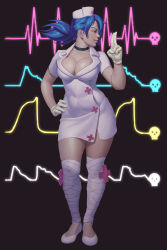 Rule 34 | + +, 1girl, absurdres, ass, bandaged leg, bandages, blue hair, breasts, cardiogram, cleavage, commentary, english commentary, entheighth, eyepatch, gloves, hair over one eye, hat, heartbeat, highres, large breasts, mask, mouth mask, nurse, nurse cap, one-eyed, ponytail, profile, red eyes, skullgirls, standing, surgical mask, thighs, valentine (skullgirls), white footwear, white gloves, white legwear
