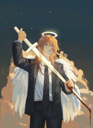 Rule 34 | 1boy, absurdres, angel, angel devil (chainsaw man), angel wings, black jacket, black necktie, blood, bloody weapon, business suit, chainsaw man, cloud, collared shirt, cowboy shot, feathered wings, fingernails, formal, hair between eyes, halo, highres, holding, holding sword, holding weapon, jacket, long bangs, long hair, long sleeves, male focus, necktie, null (skev7724), open clothes, open jacket, orange eyes, pants, red hair, self-harm, shirt, solo, star (sky), suit, suit jacket, sword, weapon, white shirt, white wings, wings, wiping blood