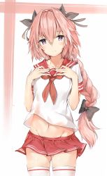Rule 34 | 1boy, astolfo (fate), astolfo (sailor paladin) (fate), black ribbon, blouse, braid, braided ponytail, closed mouth, commentary request, cowboy shot, crossdressing, fang, fate/apocrypha, fate (series), hair between eyes, hair intakes, hair ribbon, hands on own chest, highres, legs apart, long hair, looking at viewer, male focus, midriff, miniskirt, navel, neckerchief, official alternate costume, pink eyes, pink hair, pleated skirt, red neckerchief, red skirt, ribbon, school uniform, serafuku, shirt, silver (chenwen), single braid, skindentation, skirt, solo, standing, thighhighs, trap, very long hair, white background, white shirt, white thighhighs